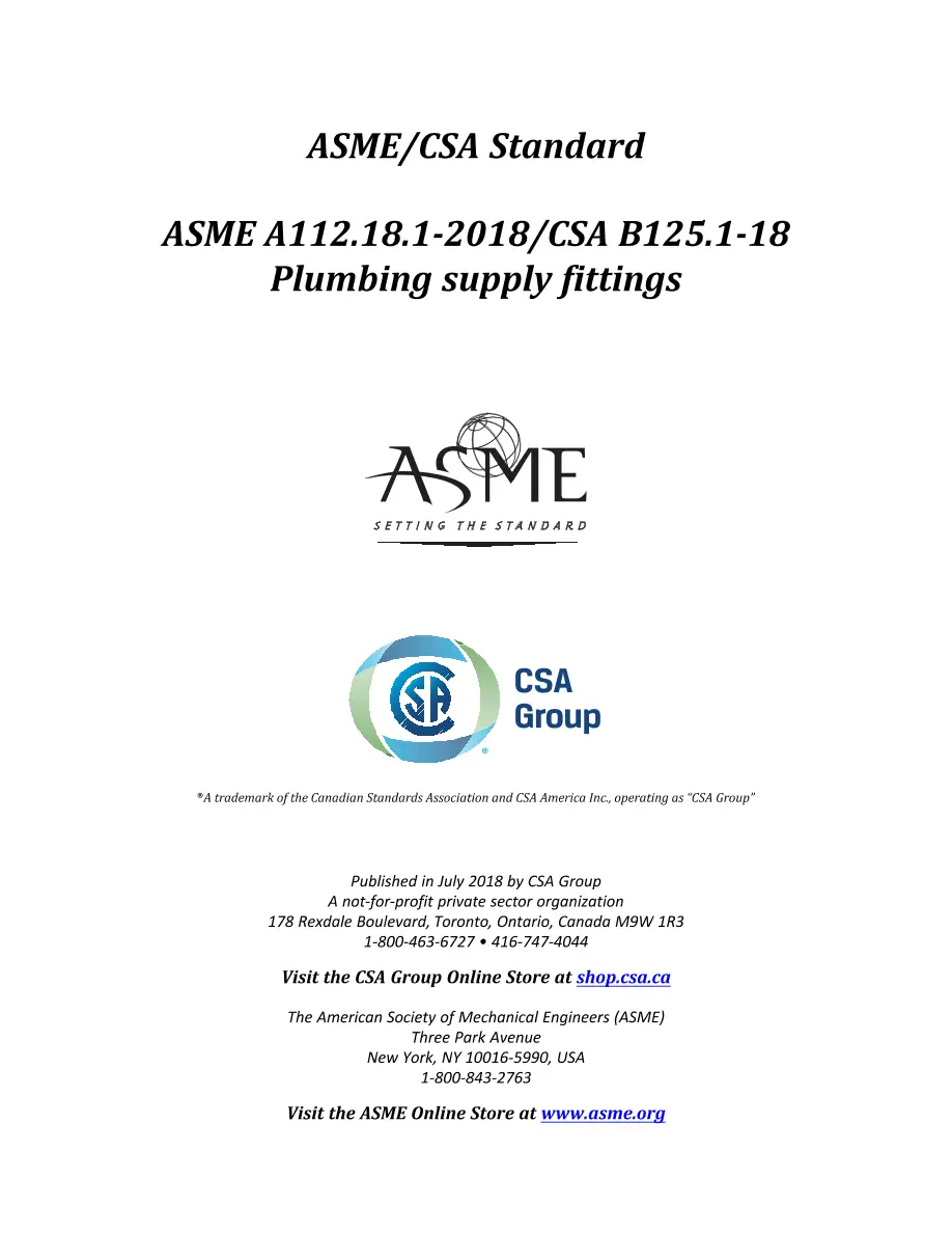 ASME A112.18.1-2018/CSA B125.1-18 pdf